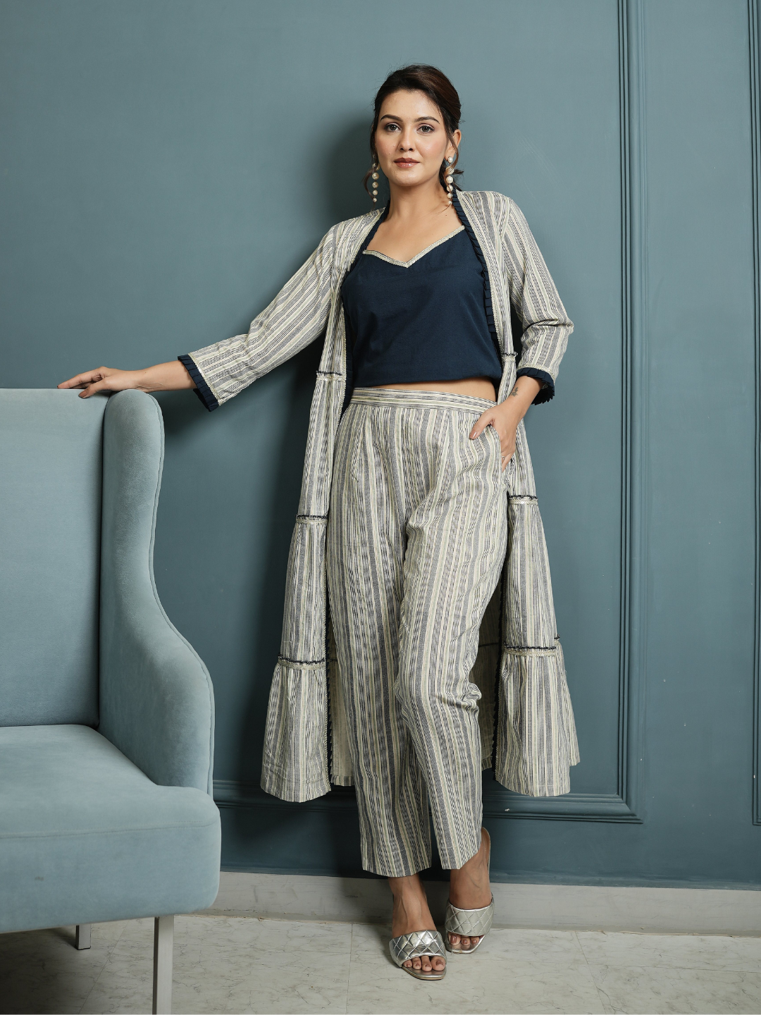 Indigo Crop Top And Pant with Cotton Linen Shrug - Image 8