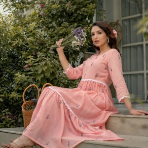 Pink Mist Dress in Kota Doriya Fabric with Embroidery - Image 8