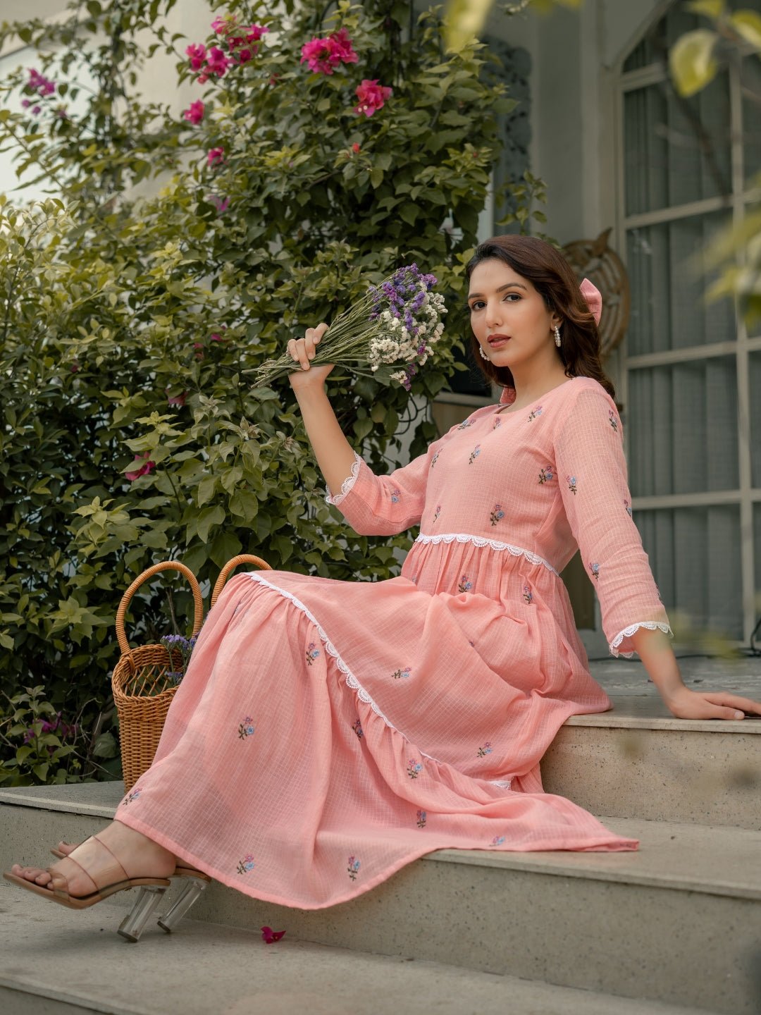 Pink Mist Dress in Kota Doriya Fabric with Embroidery - Image 8