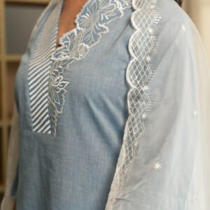 Chambray Embroidered Kurta Set with Dupatta and Pants - Image 4