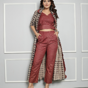 Cotton Linen Co-ord Set with Block Print Ajrakh Shrug - Image 8