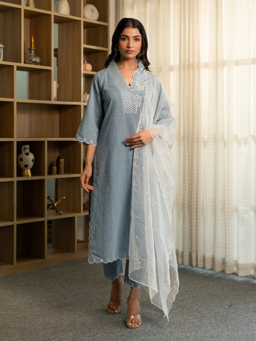 Chambray Embroidered Kurta Set with Dupatta and Pants - Image 9