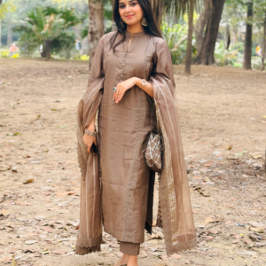 Brown Chanderi Kurta Set With Dupatta And Pants
