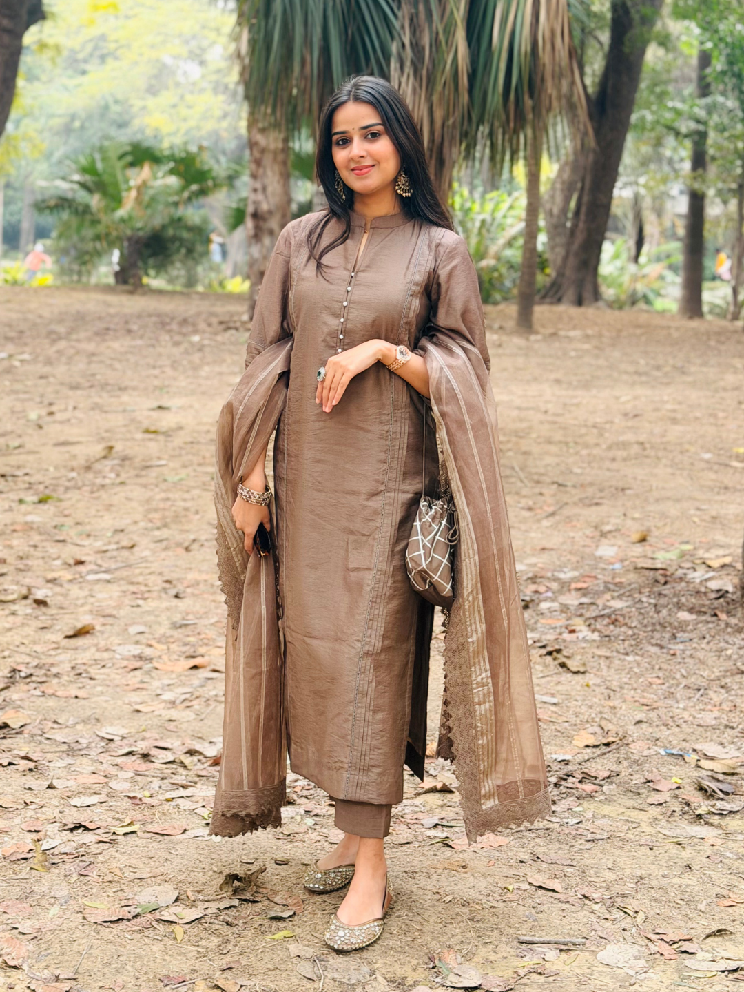 Brown Chanderi Kurta Set With Dupatta And Pants