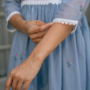 Blue Breeze Dress in Kota Doriya Fabric with Embroidery - Image 3
