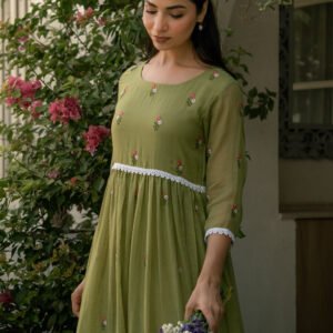 Mint Grace Dress in Kota Doriya Fabric with Embroidery - Image 7