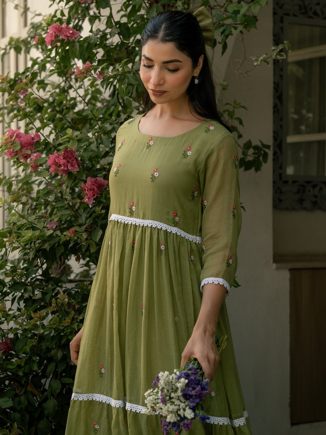 Mint Grace Dress in Kota Doriya Fabric with Embroidery - Image 7