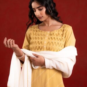LIME GREEN PINTUCK KURTA SET LINEN - Image 3