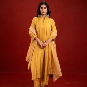 Yellow Silk Self-Woven Kurta