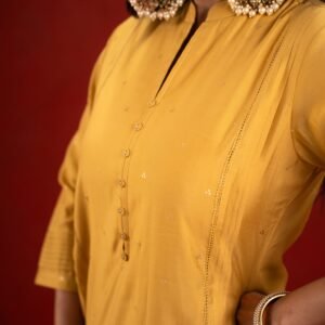 Yellow Silk Self-Woven Kurta - Image 5