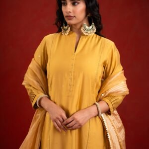Yellow Silk Self-Woven Kurta - Image 3