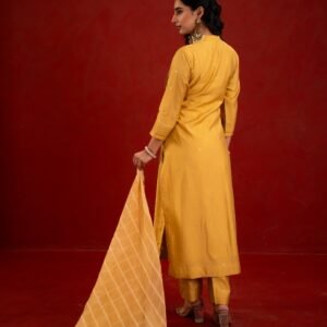 Yellow Silk Self-Woven Kurta - Image 4