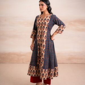 AJRAK BLUE N RED COTTON KURTA SET - Image 3