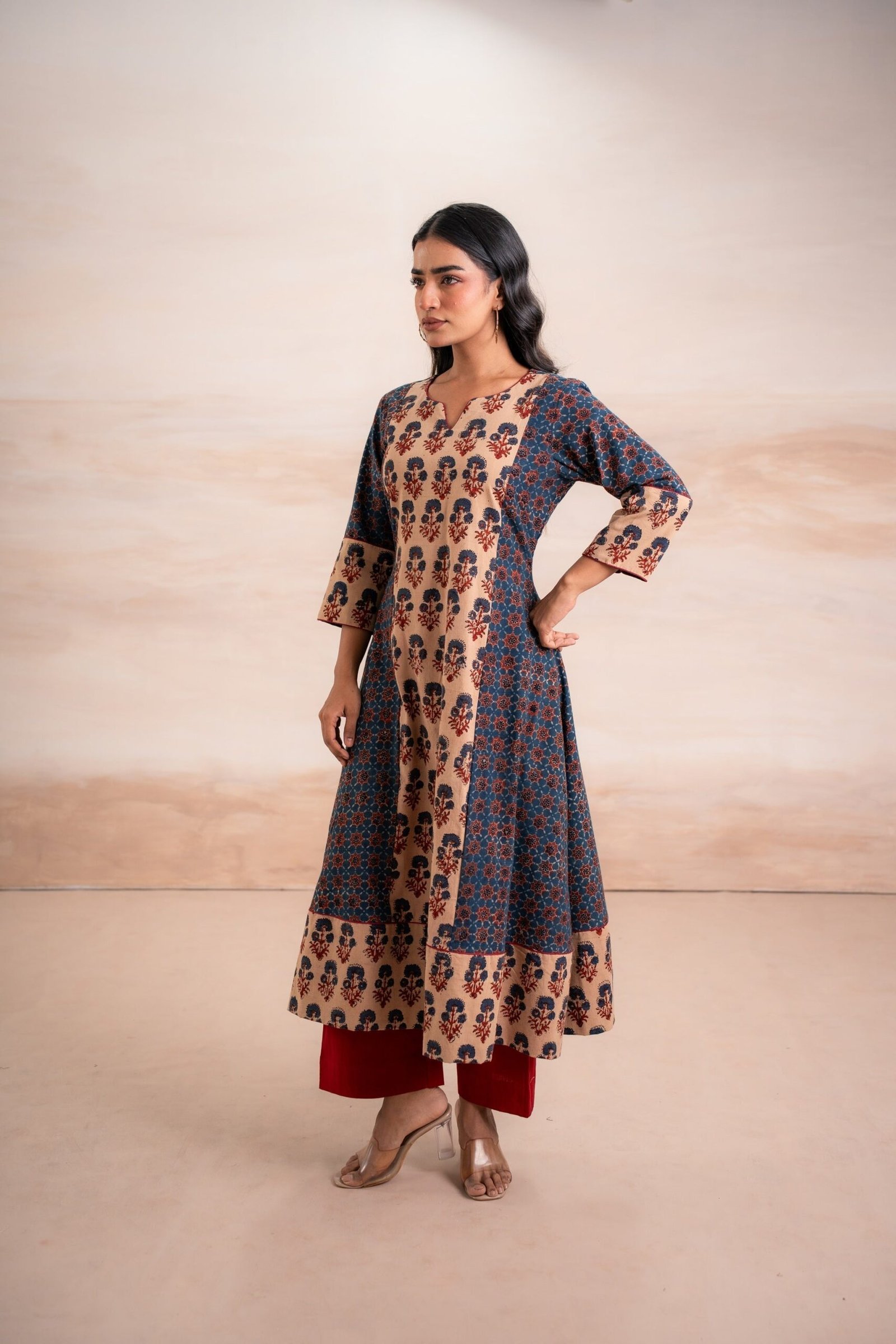 AJRAK BLUE N RED COTTON KURTA SET - Image 2