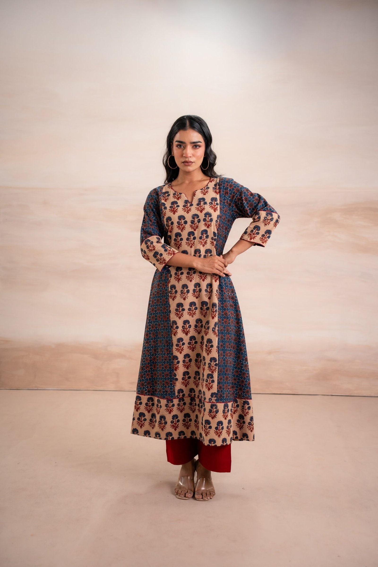 AJRAK BLUE N RED COTTON KURTA SET - Image 7