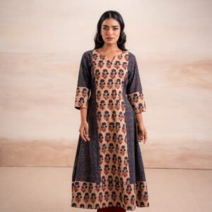 AJRAK BLUE N RED COTTON KURTA SET