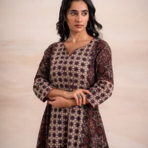 AJRAK BLACK N BLUE COTTON KURTA SET - Image 3