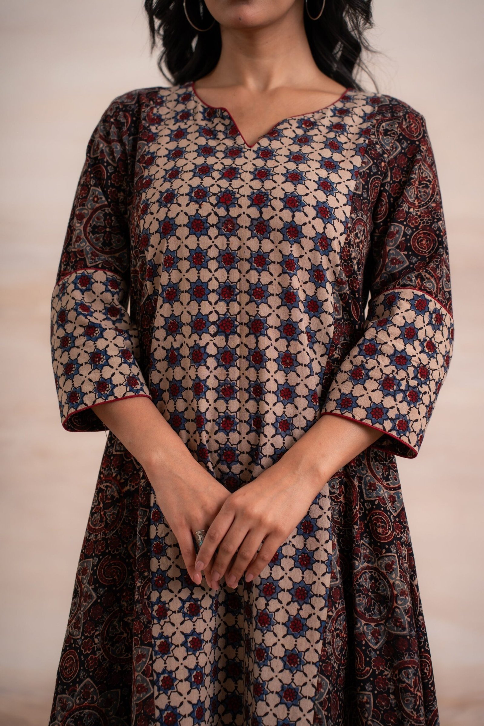 AJRAK BLACK N BLUE COTTON KURTA SET - Image 13