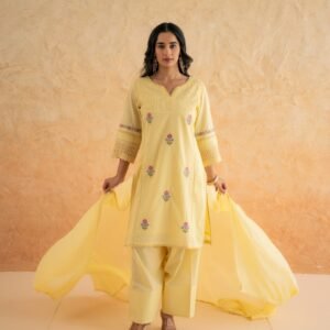 DOBBY YELLOW KURTA SET - Image 4