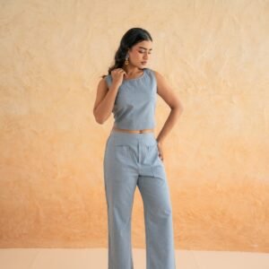 BLOCK PRINT SHRUG WITH PANT N CROP CHAMBRAY - Image 4