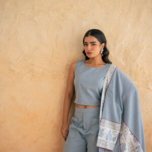 BLOCK PRINT SHRUG WITH PANT N CROP CHAMBRAY