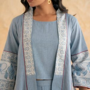 BLOCK PRINT SHRUG WITH PANT N CROP CHAMBRAY - Image 5