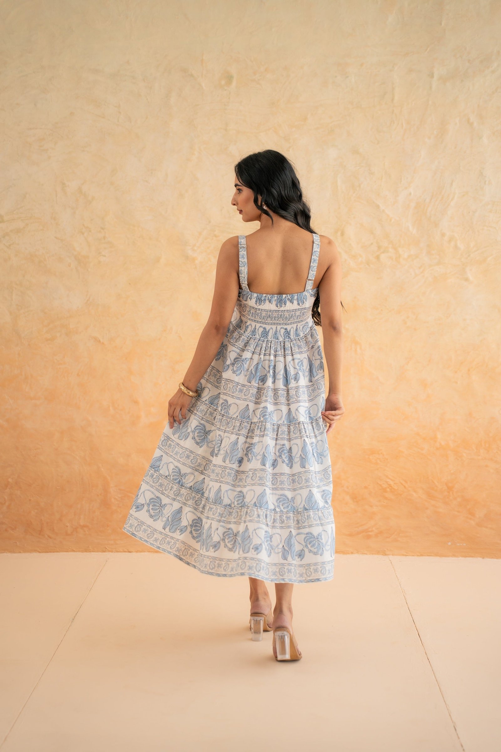BLOCK PRINT DRESS WITH DOBBY SHRUG - Image 4