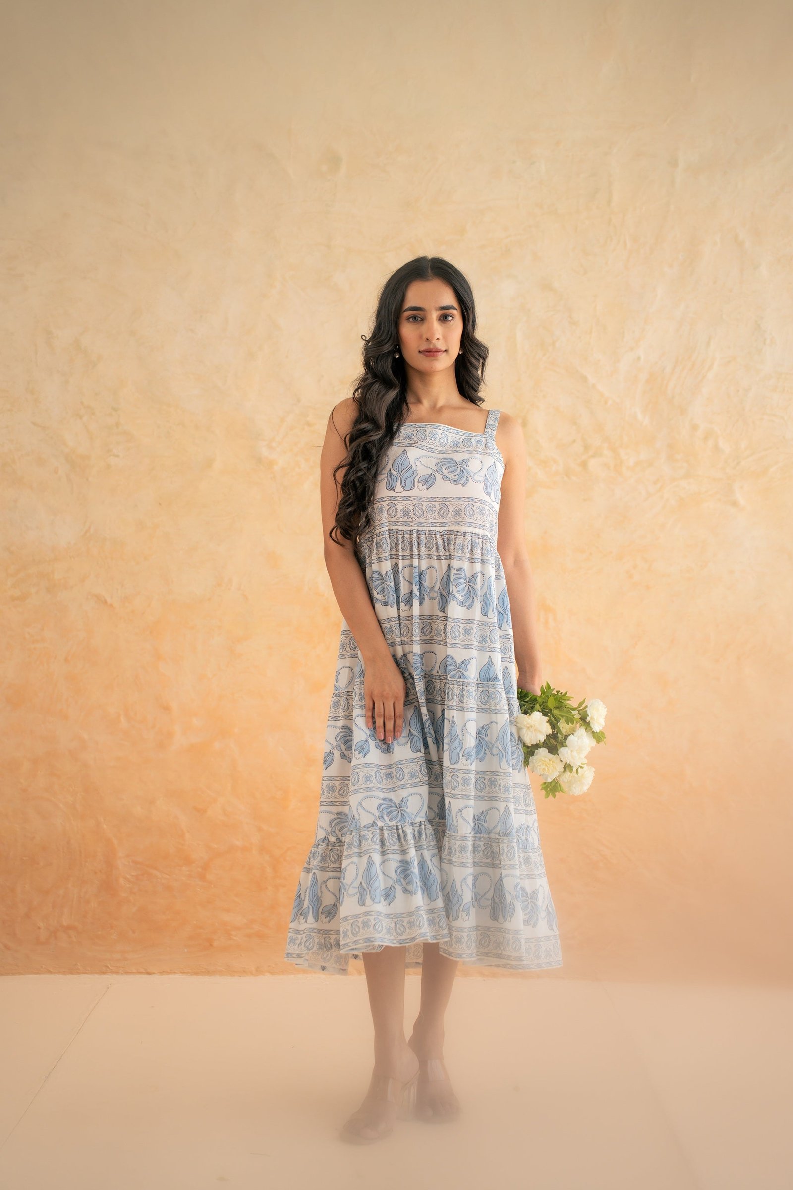 BLOCK PRINT DRESS WITH DOBBY SHRUG - Image 3