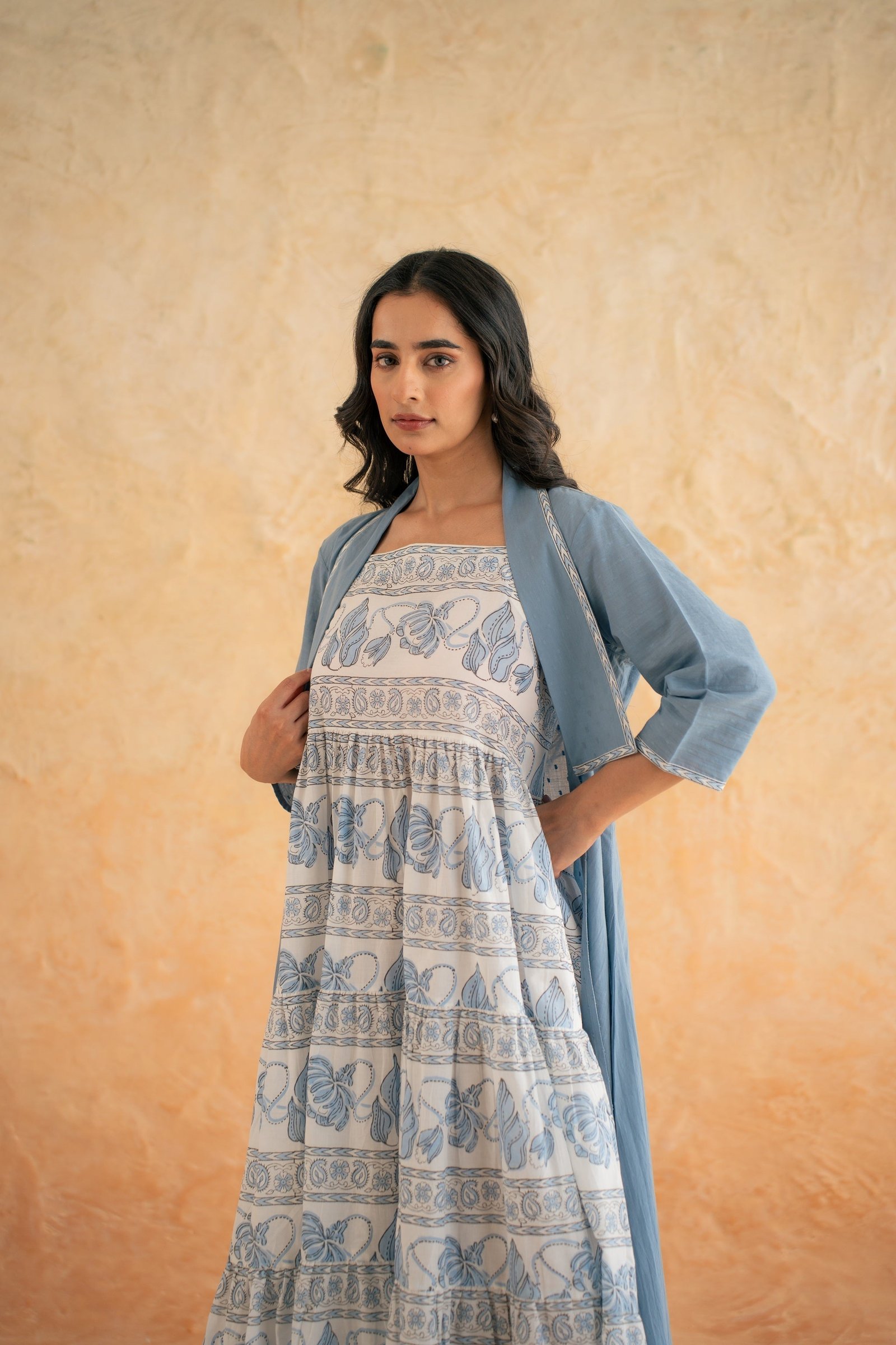 BLOCK PRINT DRESS WITH DOBBY SHRUG - Image 2