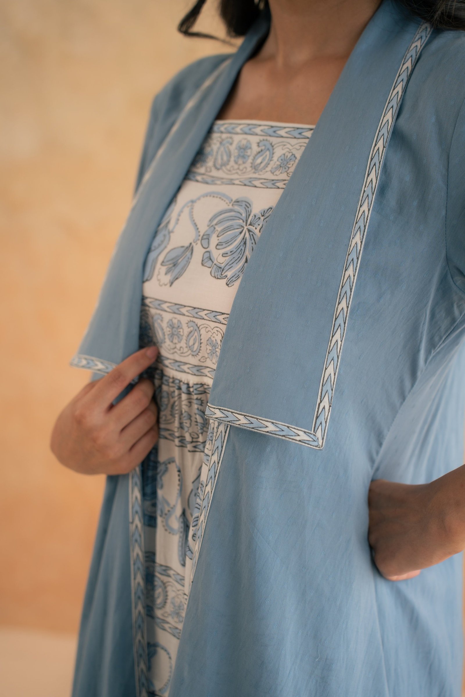 BLOCK PRINT DRESS WITH DOBBY SHRUG - Image 7