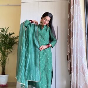 Green Silk Self-Woven Kurta - Image 3