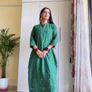 Green Silk Self-Woven Kurta - Image 4