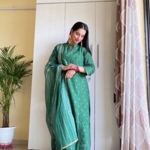 Green Silk Self-Woven Kurta