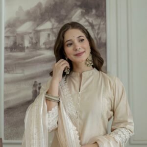 Alternative view of Shahi Bej Chanderi Kurta set with Dupatta and Pants
