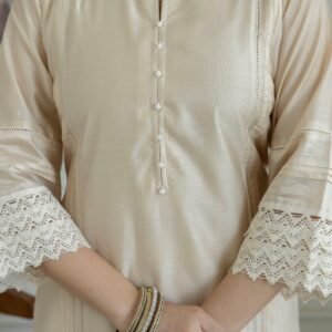 Shahi Bej Chanderi Kurta set with Dupatta and Pants - Image 3