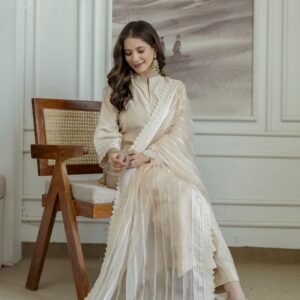 Shahi Bej Chanderi Kurta set with Dupatta and Pants - Image 4