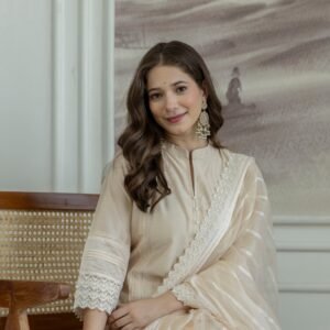 Shahi Bej Chanderi Kurta set with Dupatta and Pants - Image 5