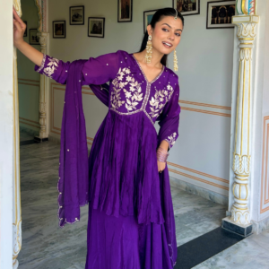 Purple Pitta Work Chiffon Kurta Set - Image 5