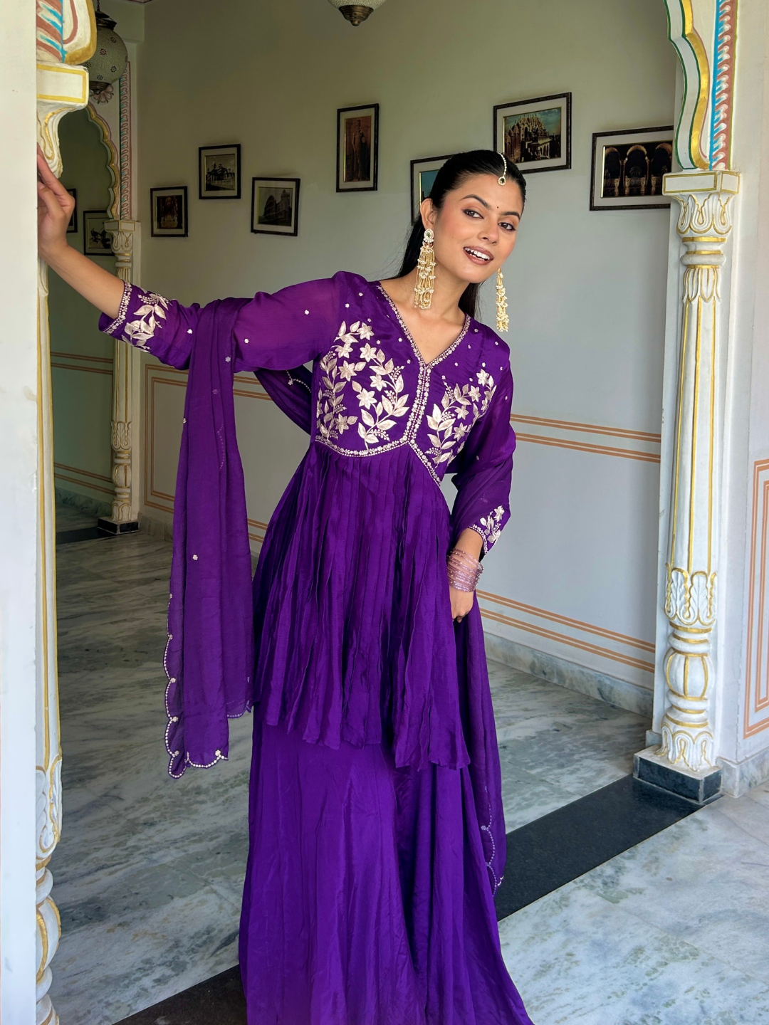 Purple Pitta Work Chiffon Kurta Set - Image 5