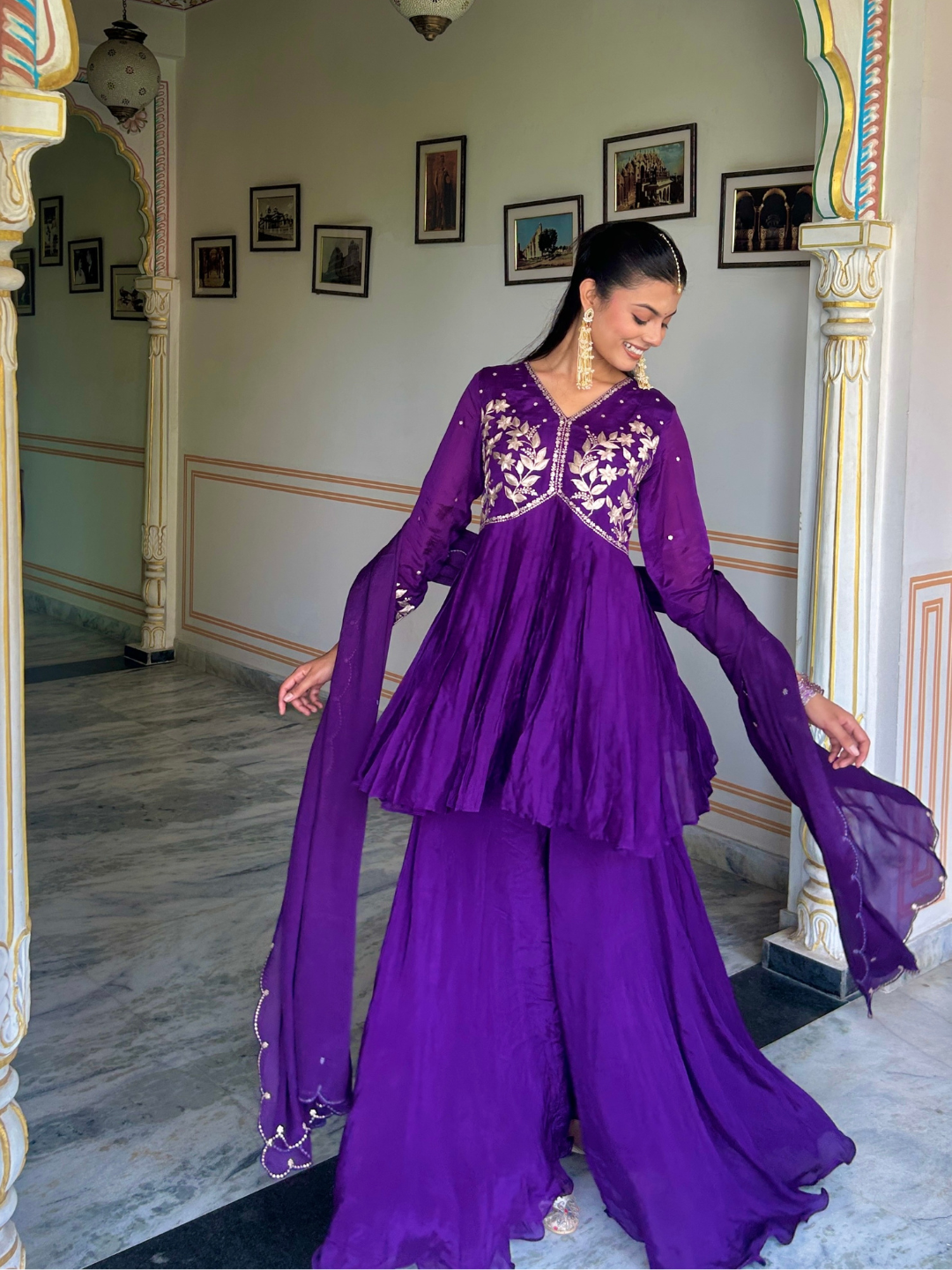 Purple Pitta Work Chiffon Kurta Set - Image 2