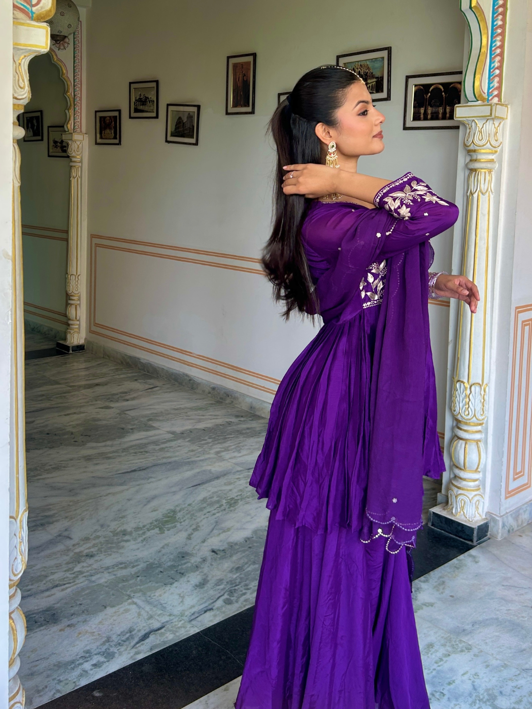 Purple Pitta Work Chiffon Kurta Set - Image 4