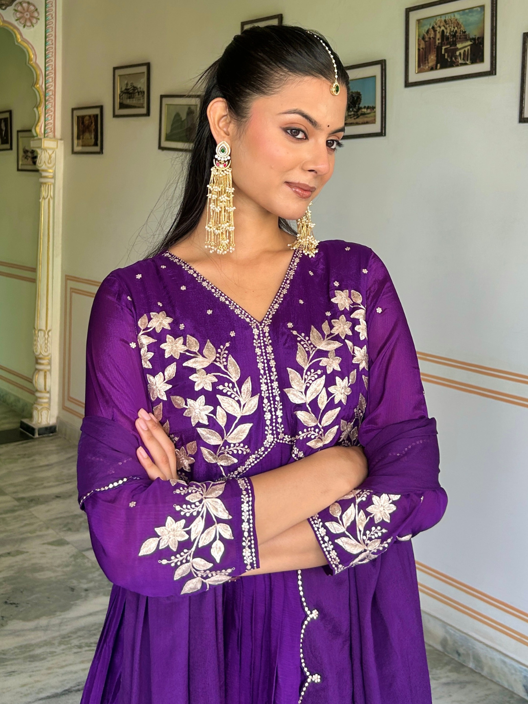 Purple Pitta Work Chiffon Kurta Set - Image 3